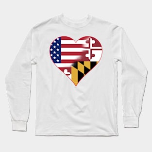 State of Maryland Flag and American Flag Fusion Design Long Sleeve T-Shirt